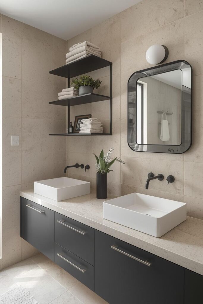 Luxury Minimalist Sink Area In Modern Spa Bathroom With Black Faucet