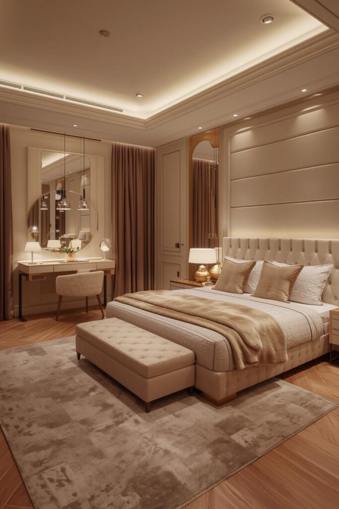Luxury Modern Soft Glam Bedroom With Tufted Bed And Vanity