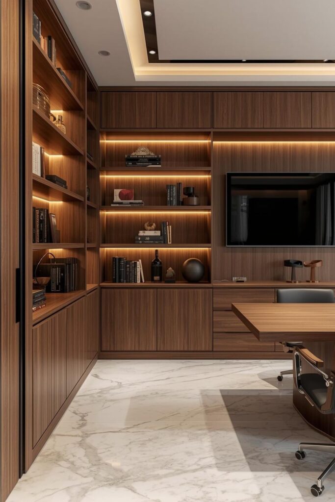 Luxury Office Built-In Shelves with Warm LED Lighting
