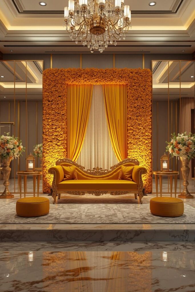 Luxury Sofa Haldi Stage with Mirror Accents and Floral Panels