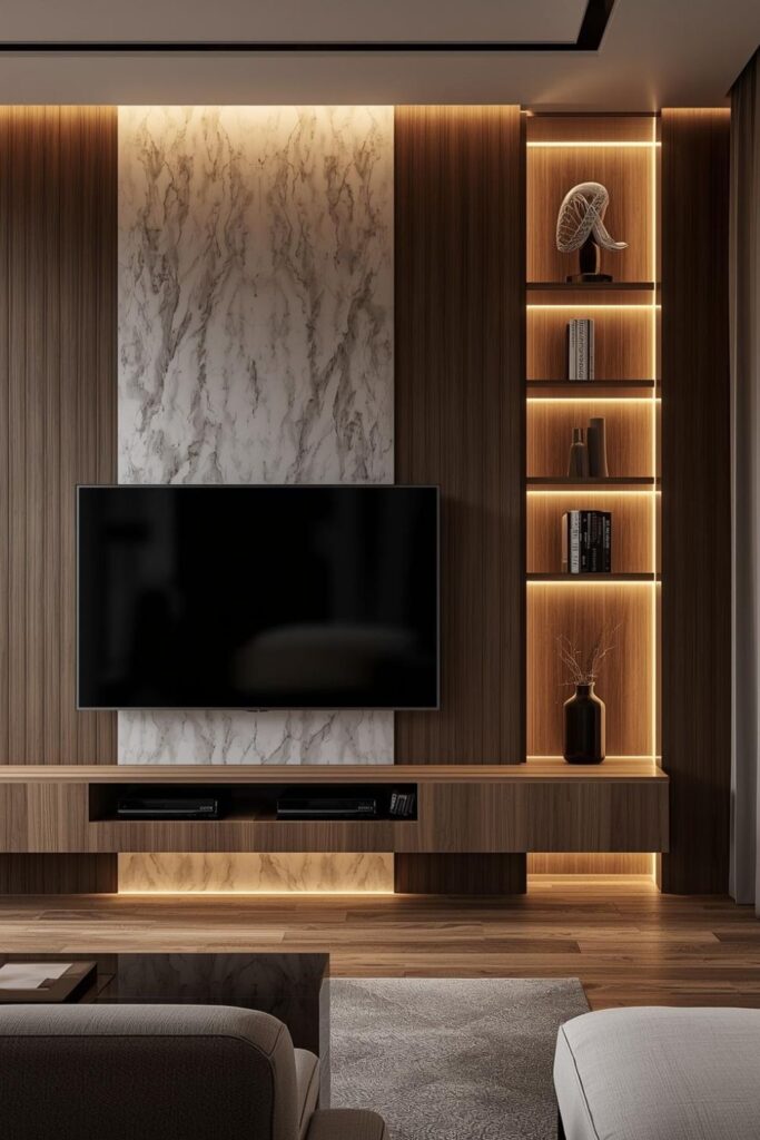 Luxury TV Wall Design with Marble Panel, Wood Accents, and LED Display Niche
