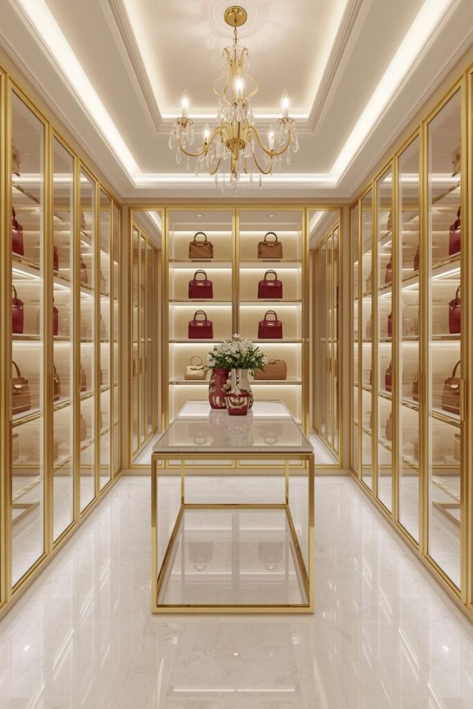 Luxury Walk-In Closet Handbag Display With Glass Cabinets