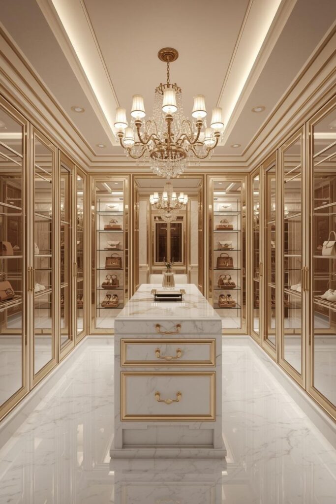Luxury Walk-In Closet With Chandelier And Glass Cabinets