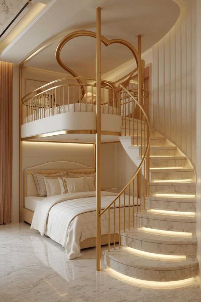 Luxury heart-shaped loft bunk bed with gold rails and warm glow