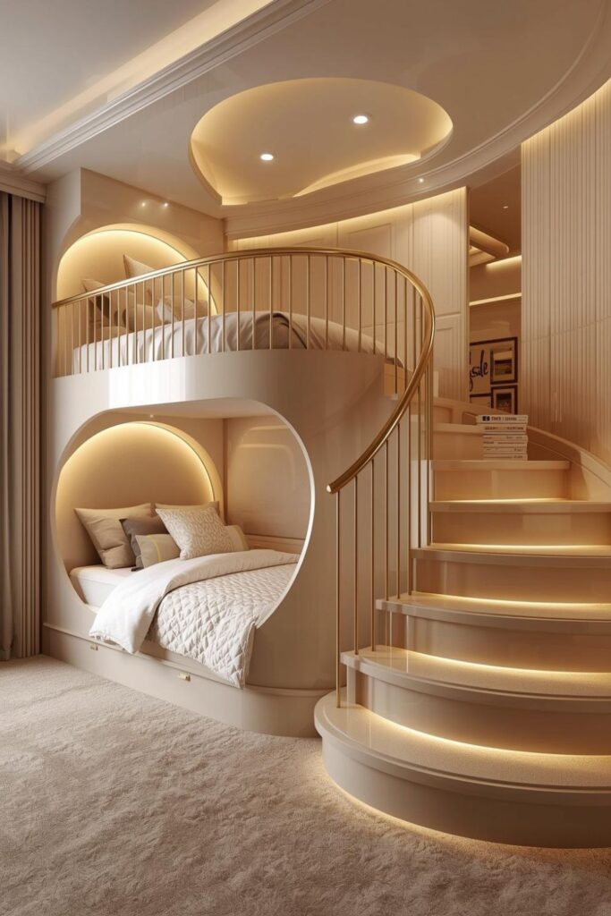 Luxury kids' bedroom with heart loft bunk and soft upholstered panels