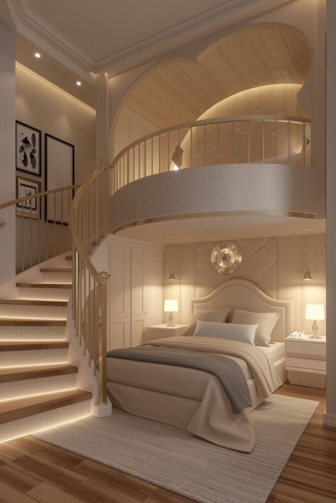 Luxury teen bedroom with heart loft bed and gold accents