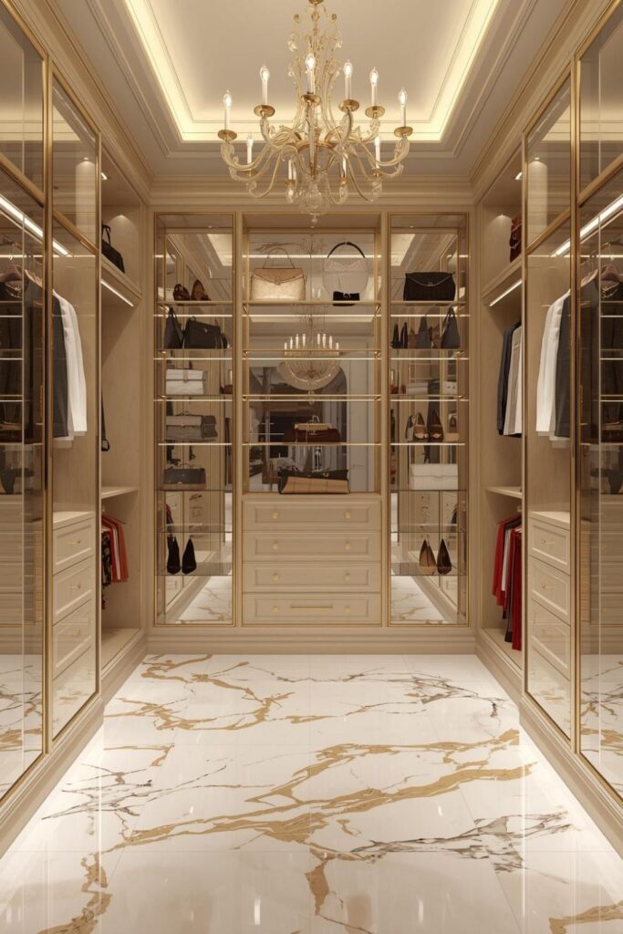 Marble Floor Luxury Walk-In Closet With Gold Accents