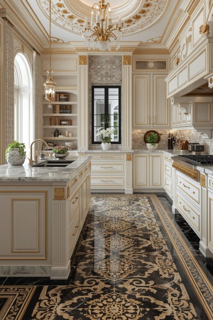 Marble Flooring with Black and Gold Patterns in Luxury Kitchen