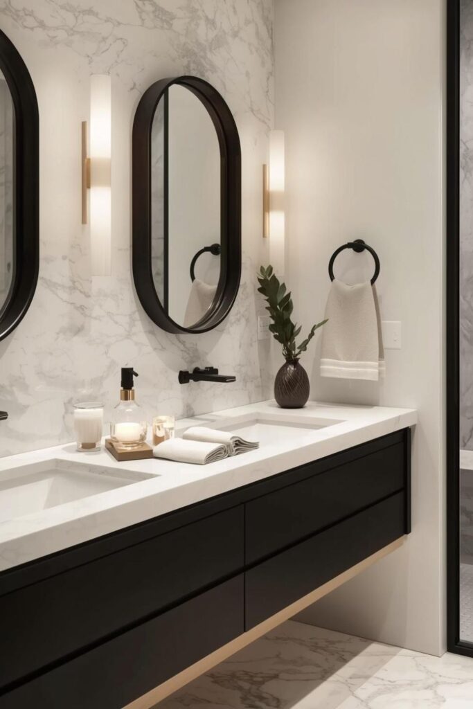 Marble Shower Wall Detail In Contemporary Spa Bathroom With Warm Lighting