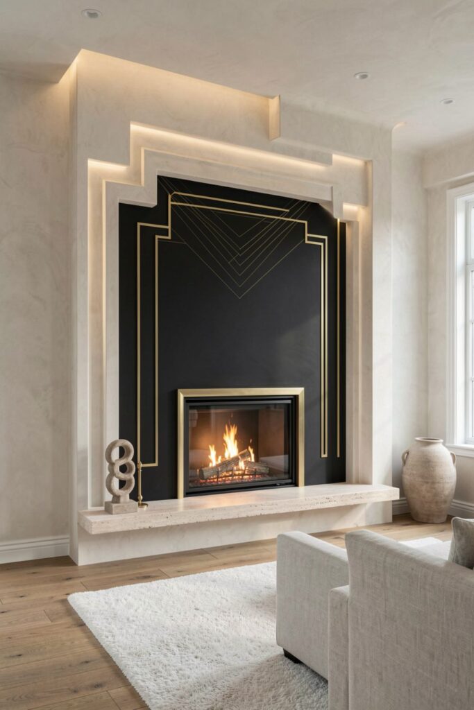 Matte Black Fireplace With Limewashed Alcove And Stone Surround