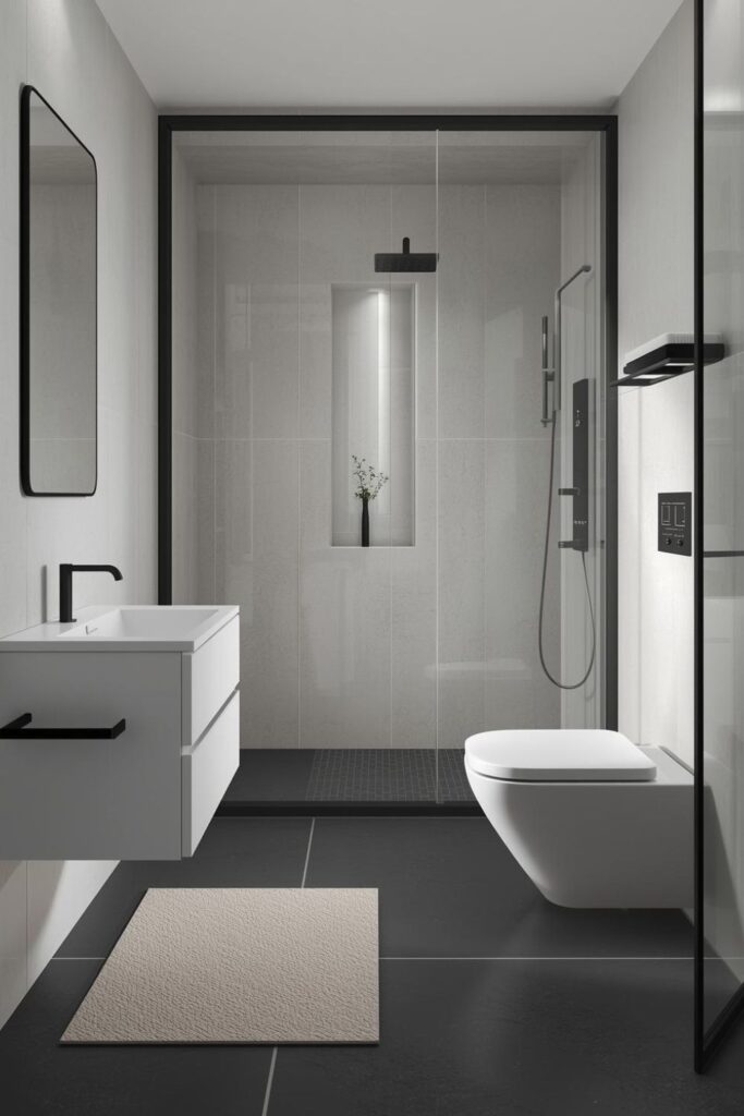 Matte Black Fixtures With Microcement Walls And Crisp Lines
