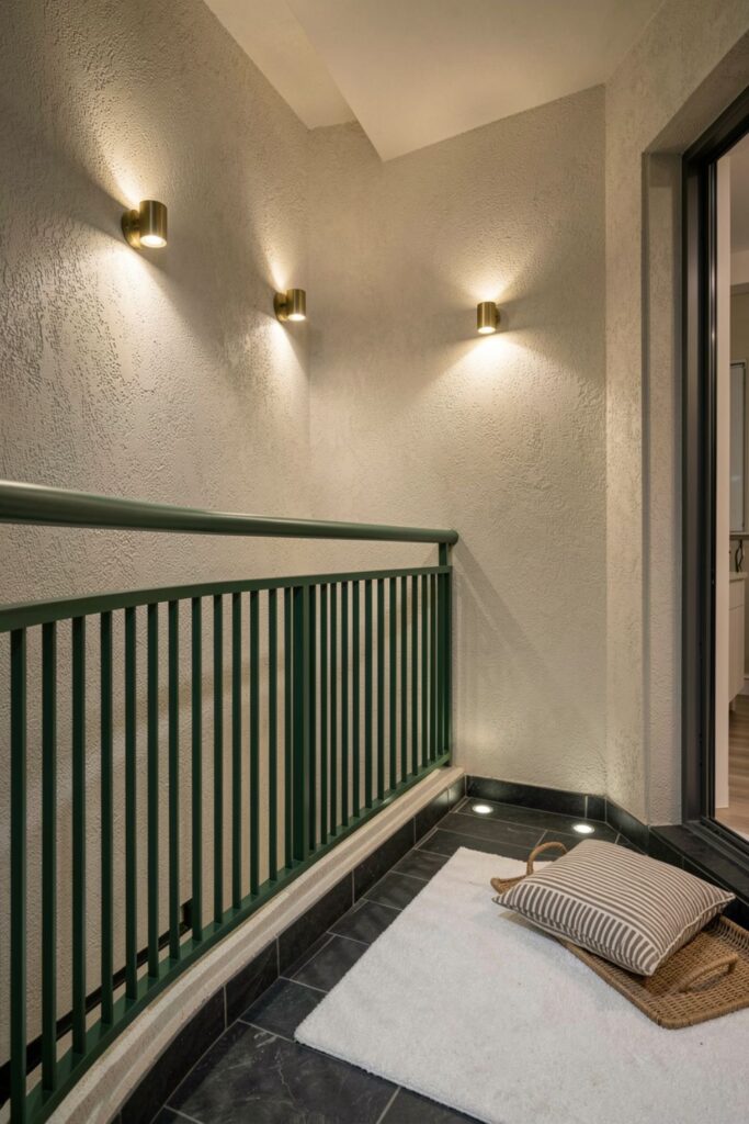 Matte Green Railing Balcony With Brass Picture Lights