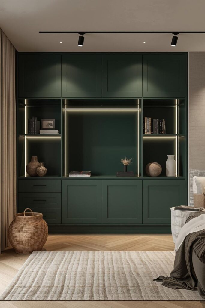 Matte Green Storage Bookcase With LED Vertical Channels