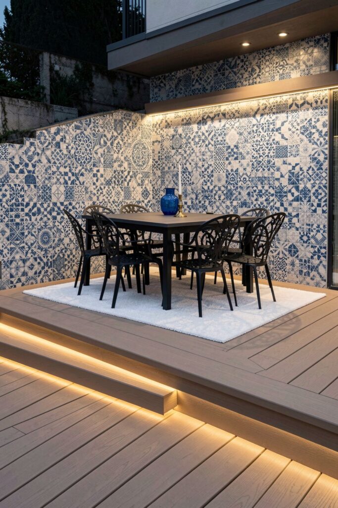 Mediterranean-Inspired Deck With Mosaic Accent Wall and Soft LEDs