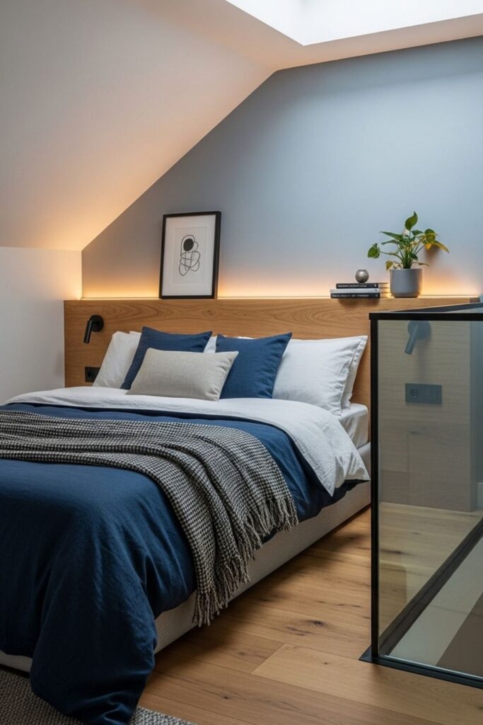 Midnight Blue Mezzanine Bedroom with Linen Bedding and Warm LED Cove