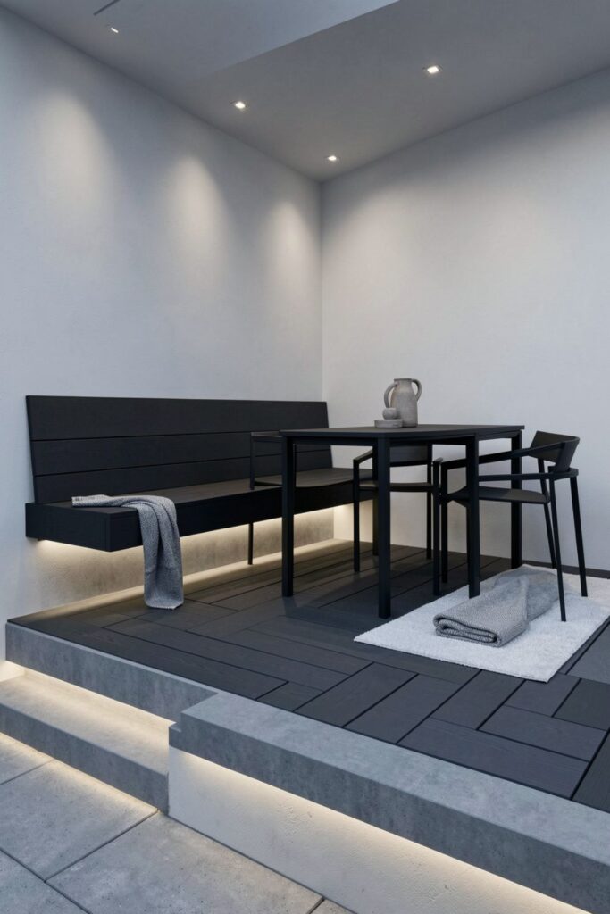 Minimal Black-and-Concrete Deck With Floating Bench Dining