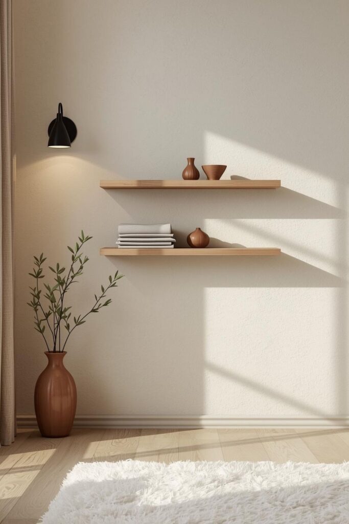 Minimal Boho Floating Shelves With Clay Vase Warmth