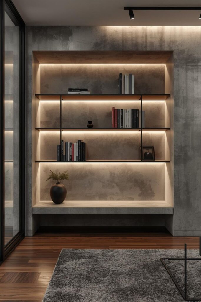Minimal Concrete Niche Bookshelves With Linear LED Uplighting