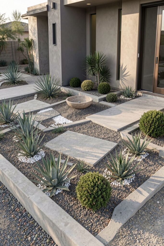 Minimal Entry Garden with Concrete Borders and Architectural Agaves