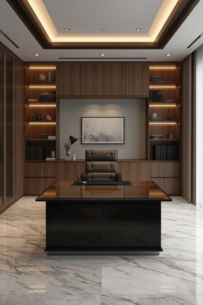 Minimal Modern Executive Office Decor with Built-In Storage