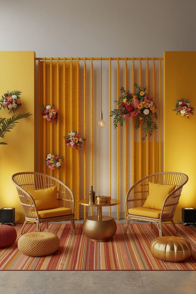 Minimal Modern Stage with Yellow Panels and Rattan Lounge Chairs