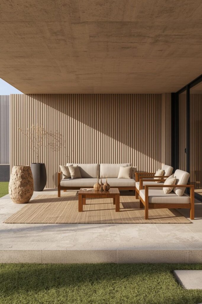 Minimal Teak Sofa Set with Ribbed Concrete Wall and Jute Rug