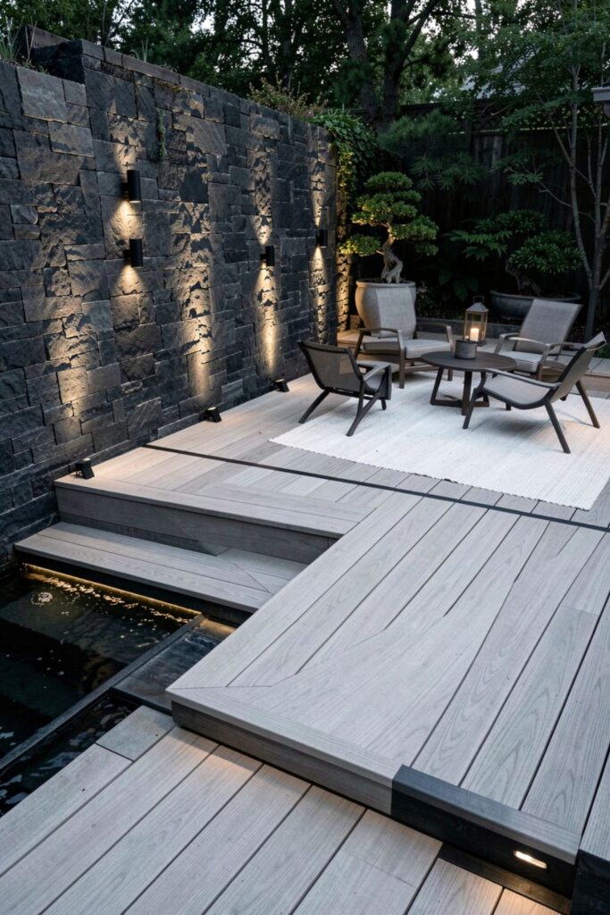 Minimal Zen Deck With Water Feature and Stone Step Landing
