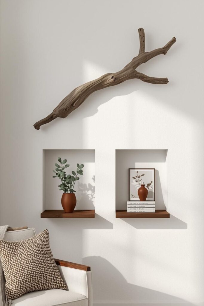 Minimal modern wall decor using branch shelves and layered floating wood