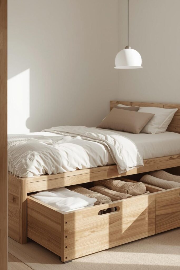 Minimalist Bedroom Organization with Under-Bed Storage Drawers and Natural Wood Furniture