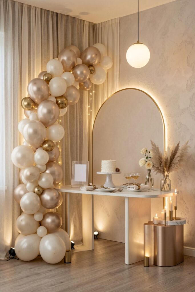 Minimalist Champagne Corner With Sculptural Cake Table Styling