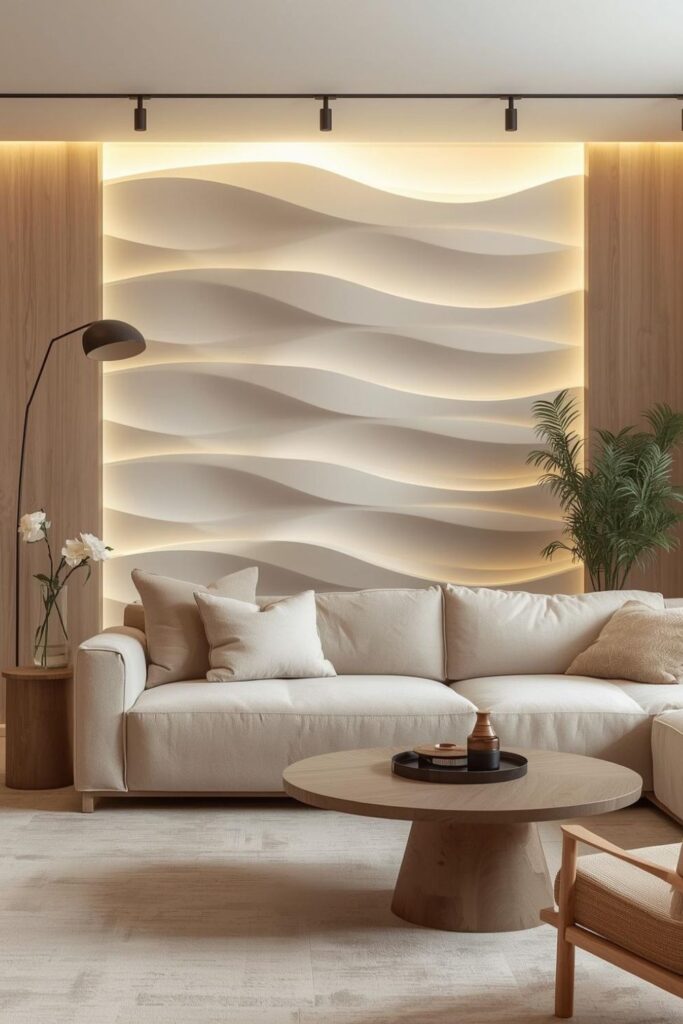 Minimalist Neutral Lounge with Textured Wave Feature Wall and Beige Palette