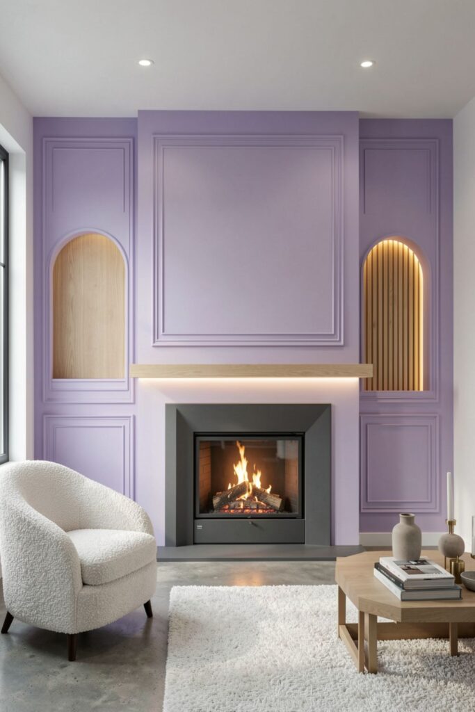 Misty Lavender Fireplace With Thin Trim Molding And Oak Mantel