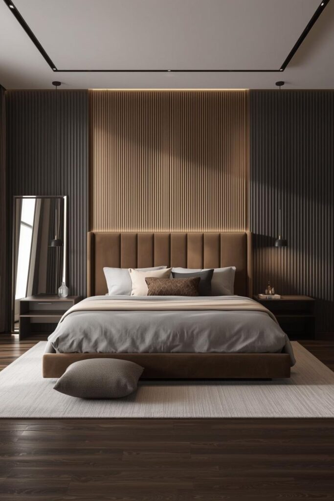 Mocha Velvet Headboard With Ribbed Wall Texture