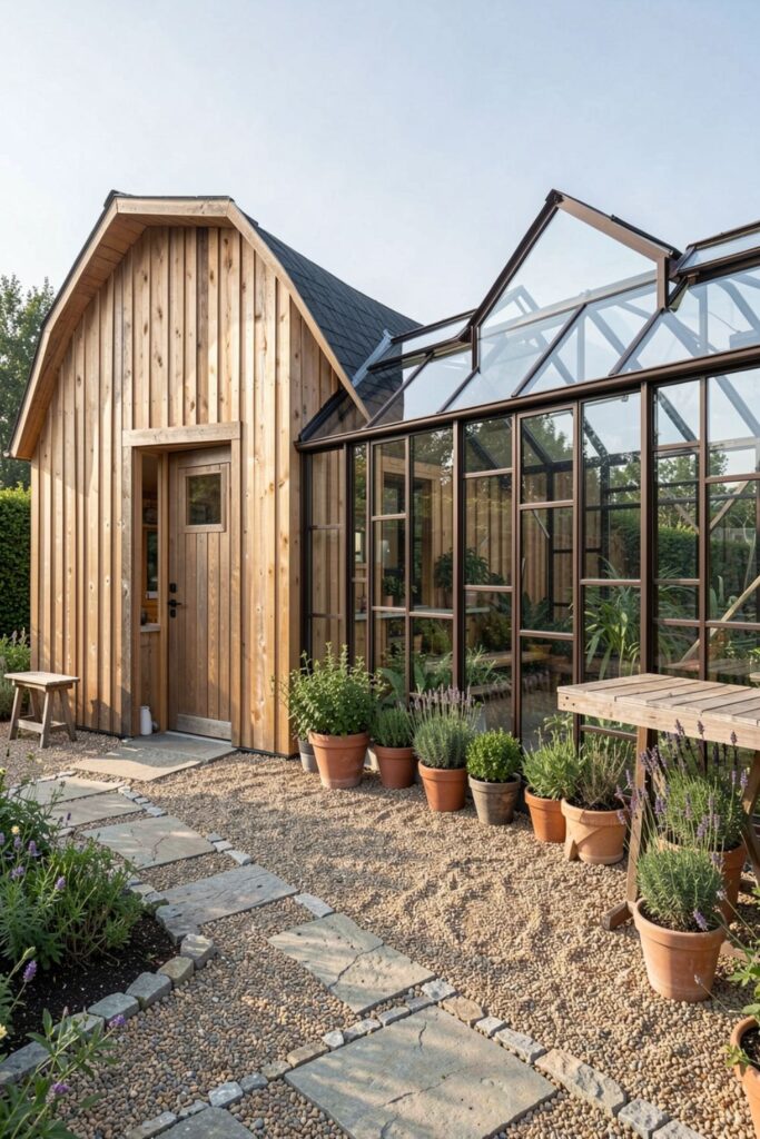 Modern Barn-Style Shed Attached to Clear Ridge Greenhouse Wing