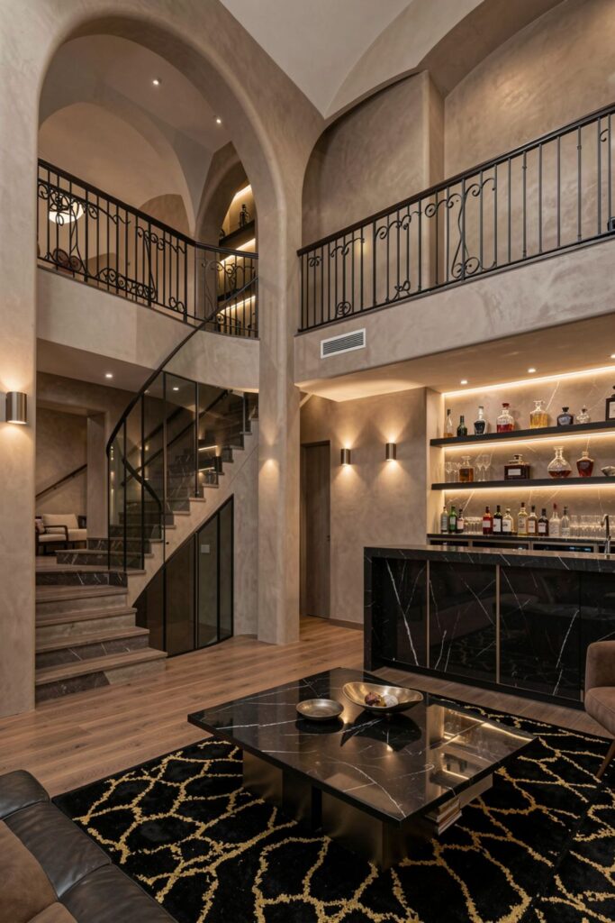 Modern Classic Symmetry With Black Marble Bar And Arch Niche