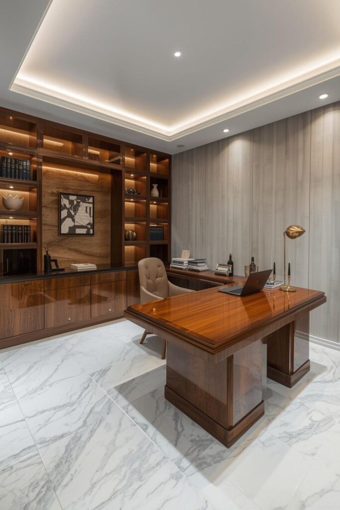 Modern Corporate Office Corner with Marble Floor and Wood Desk