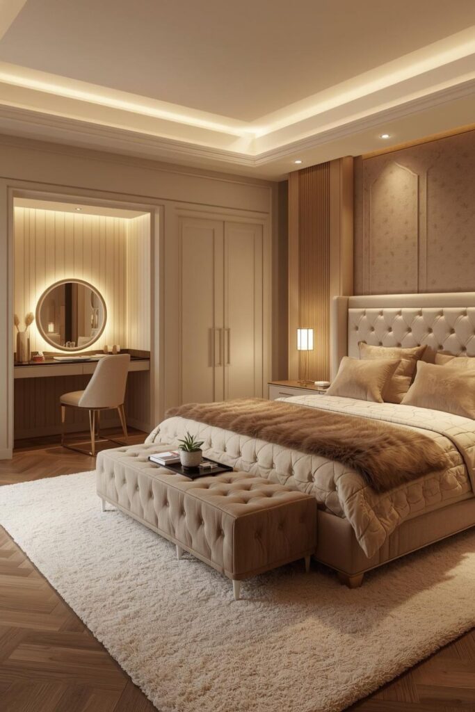 Modern Glam Bedroom Lighting Ideas In Warm Neutral Beige Tones