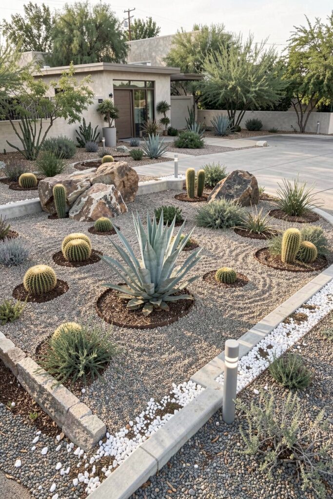 Modern Gravel Front Yard with Agave and Boulder Accents
