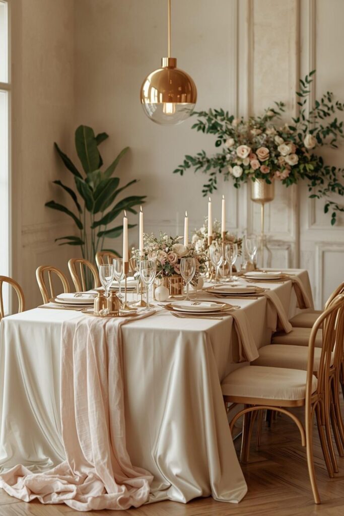 Modern Ivory Tablescape With Blush Florals And Gold Candlesticks