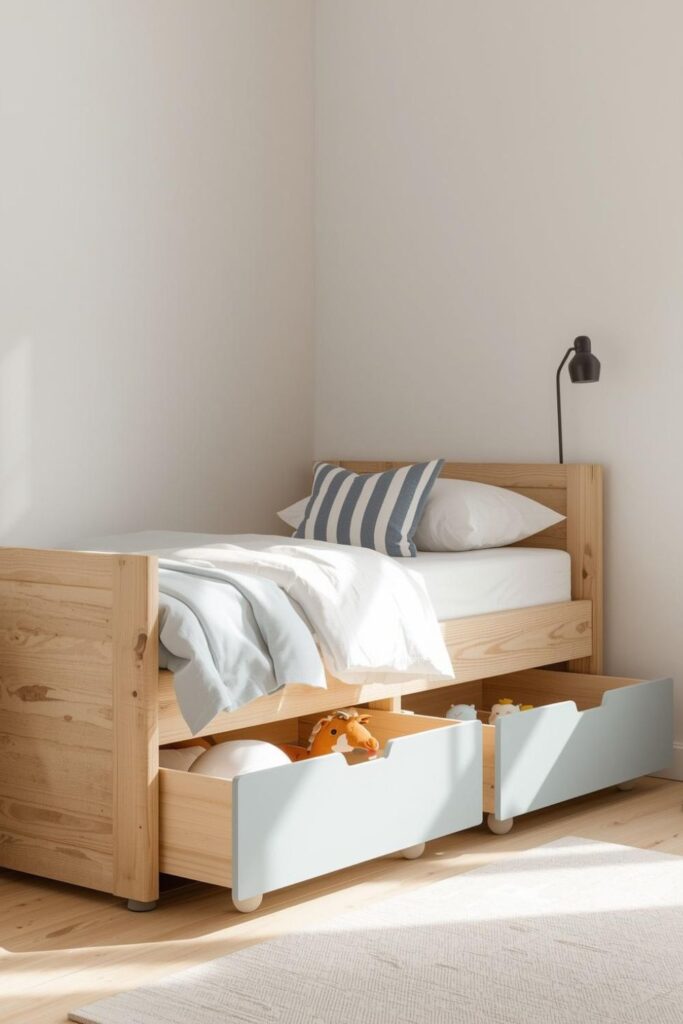 Modern Kids Bedroom Under-Bed Storage with Rolling Drawers and Soft Color Palette