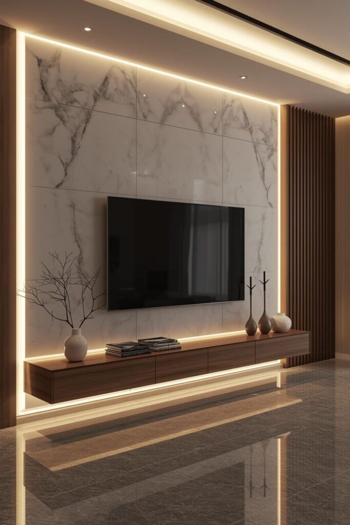 Modern Living Room Feature Wall with Marble TV Panel and LED Halo Lighting