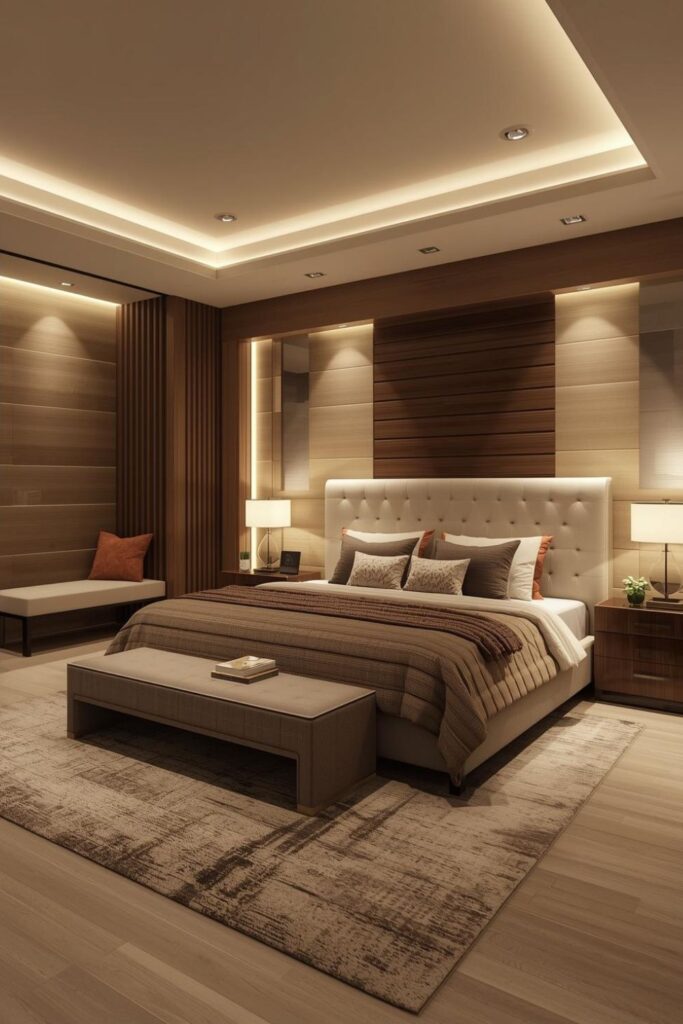 Modern Luxury Bedroom With Wood Panel Wall And Warm Neutrals