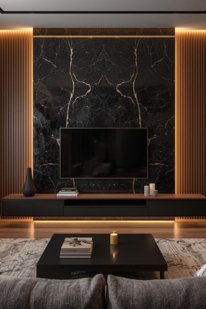 Modern Luxury TV Wall Ideas with Dark Marble and Teak Wood Panels