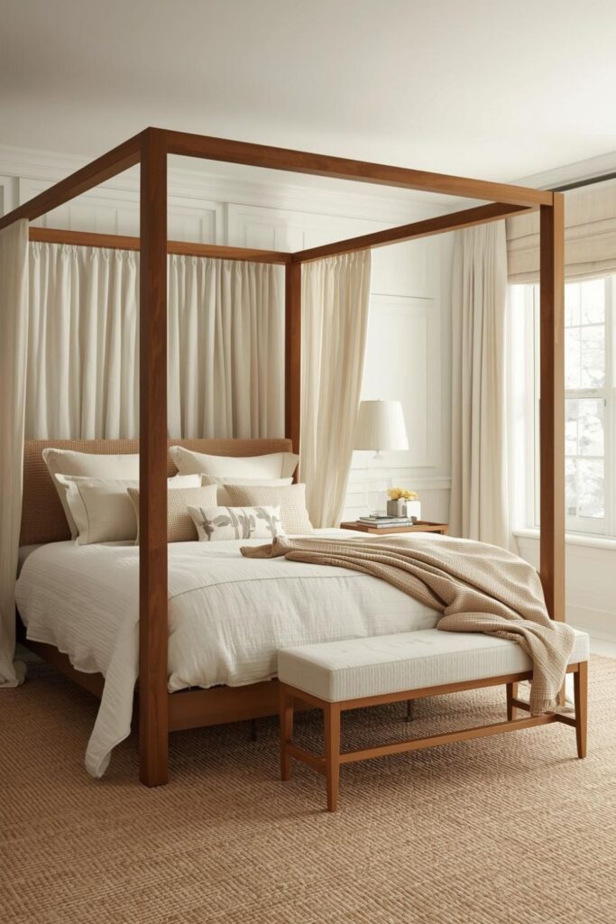 Modern Rustic Retreat Bedroom With Canopy Wood Bed And Gauzy Curtains