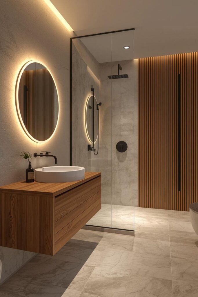 Modern Spa Bathroom Design Overview With Wood Vanity And Marble Shower