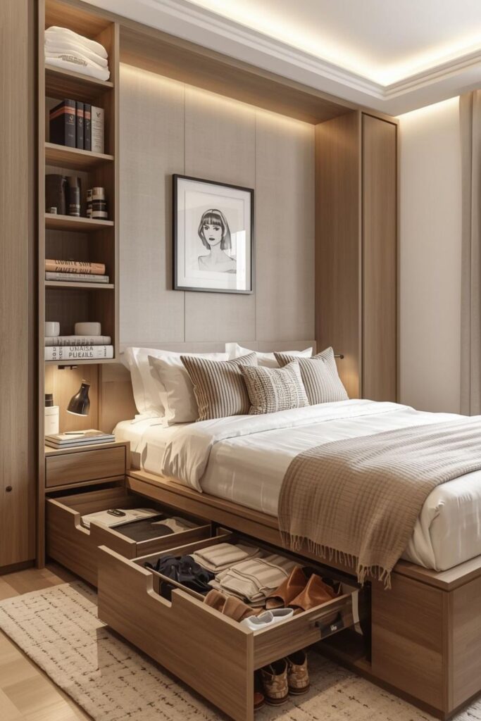 Modern Storage Bed with Hidden Drawers for Shoes in Small Bedrooms