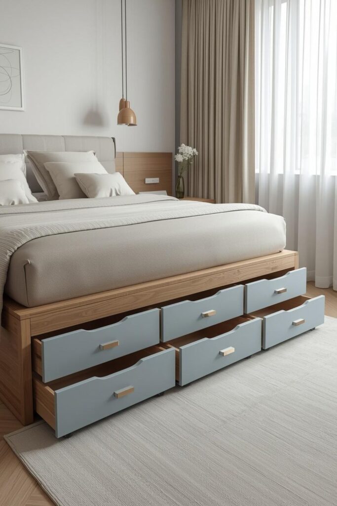 Modern Storage Bed with Rolling Under-Bed Drawers for Small Bedroom Organisation
