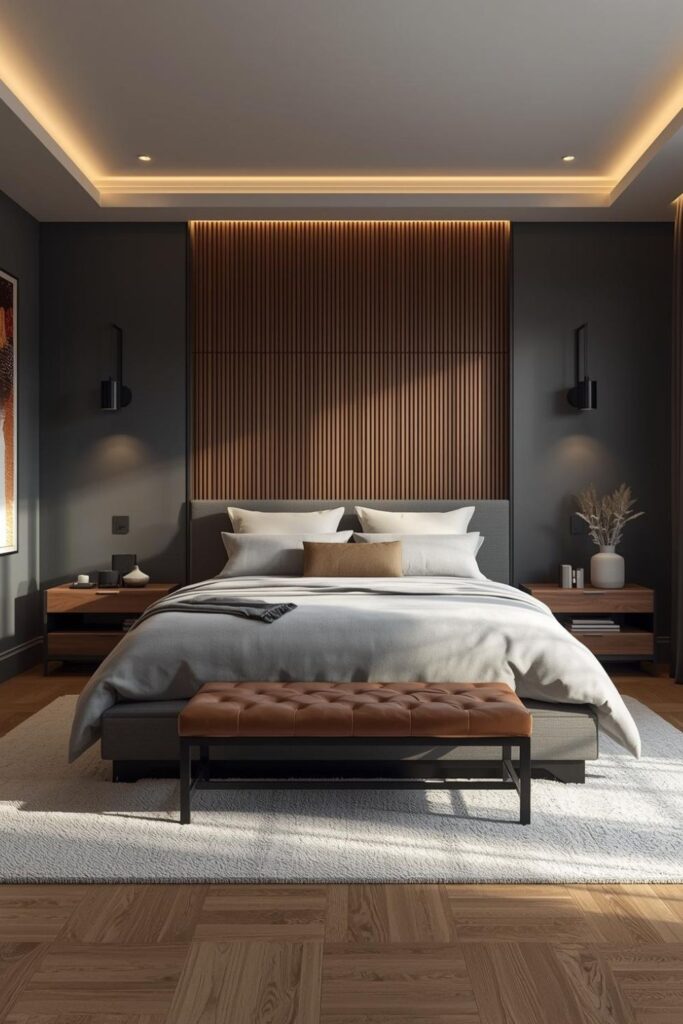 Modern Walnut Slat Headboard Wall With Graphite Bedding
