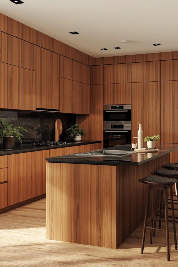 Modern Wood Kitchen Island With Black Countertop and Greenery