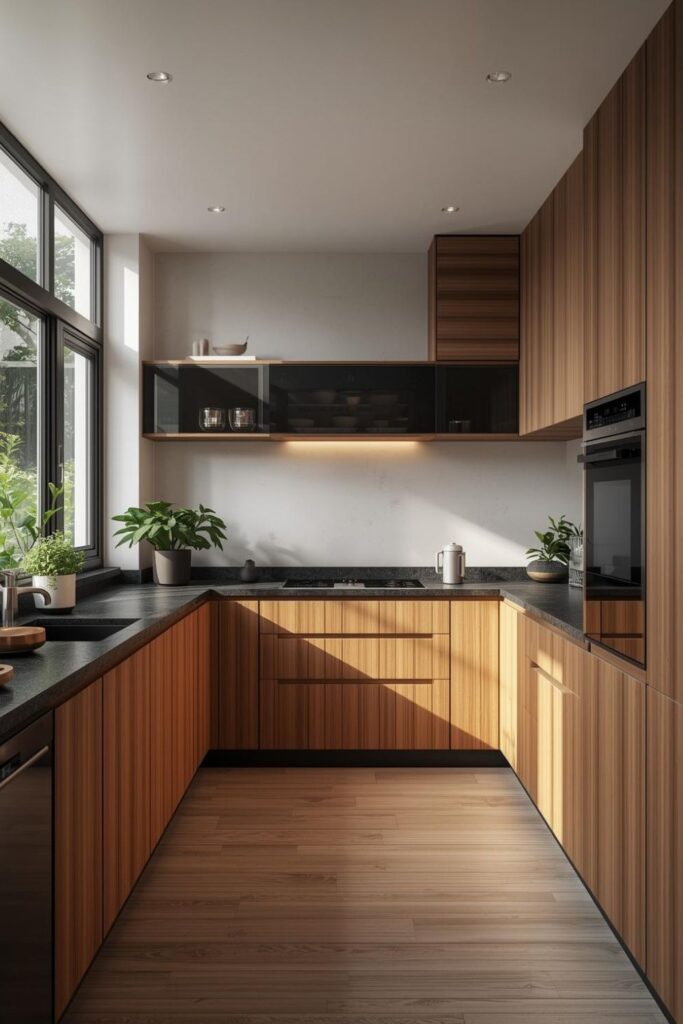 Modern Wooden Kitchen Interior With Warm Cabinets and Black Countertop